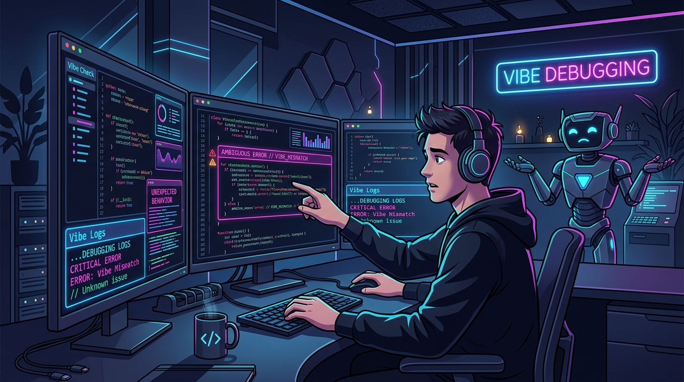 A software engineer analyzing AI generated code logs in a neon-lit dark mode room, representing the concept of vibe debugging